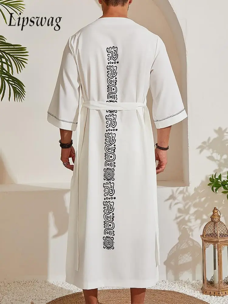 Seaside Beach Casual Loose Long Robe Mens Linen Cardigans 2025 Spring Summer Leisure Half Sleeve Lace-up Waist Long Cloaks Male