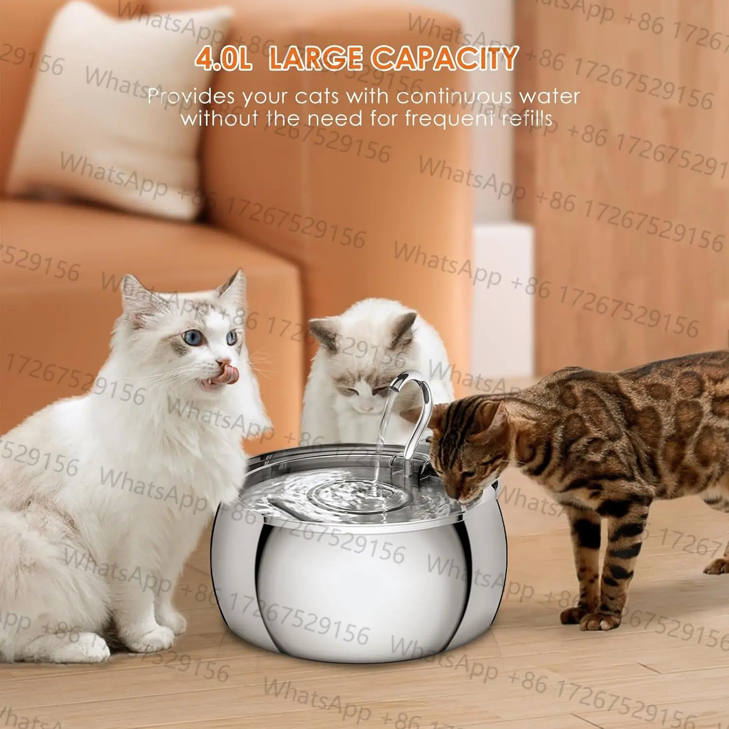 Applicable to4L Ultra-Quiet Stainless Steel Cat Water Fountain Automatic Drink Filter Pet Drinking Dispenser Drinker For Cats Wa