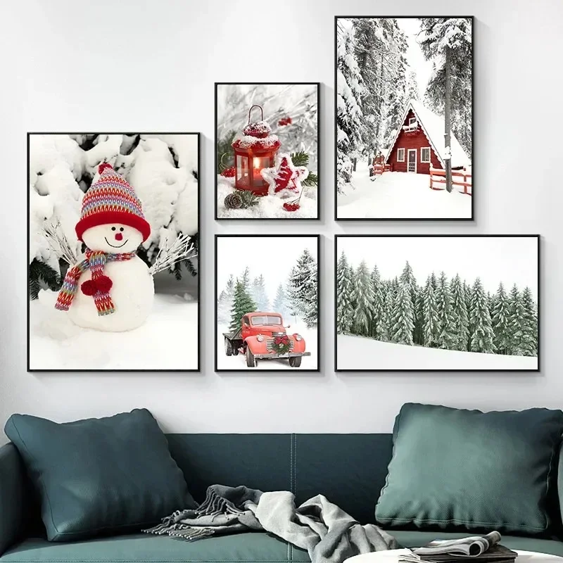 Christmas Snowman Scarf Moose Squirrel Art Poster Pine Tree Carrying Lamp Snow House Wall Art Canvas Painting Bedroom Decorat