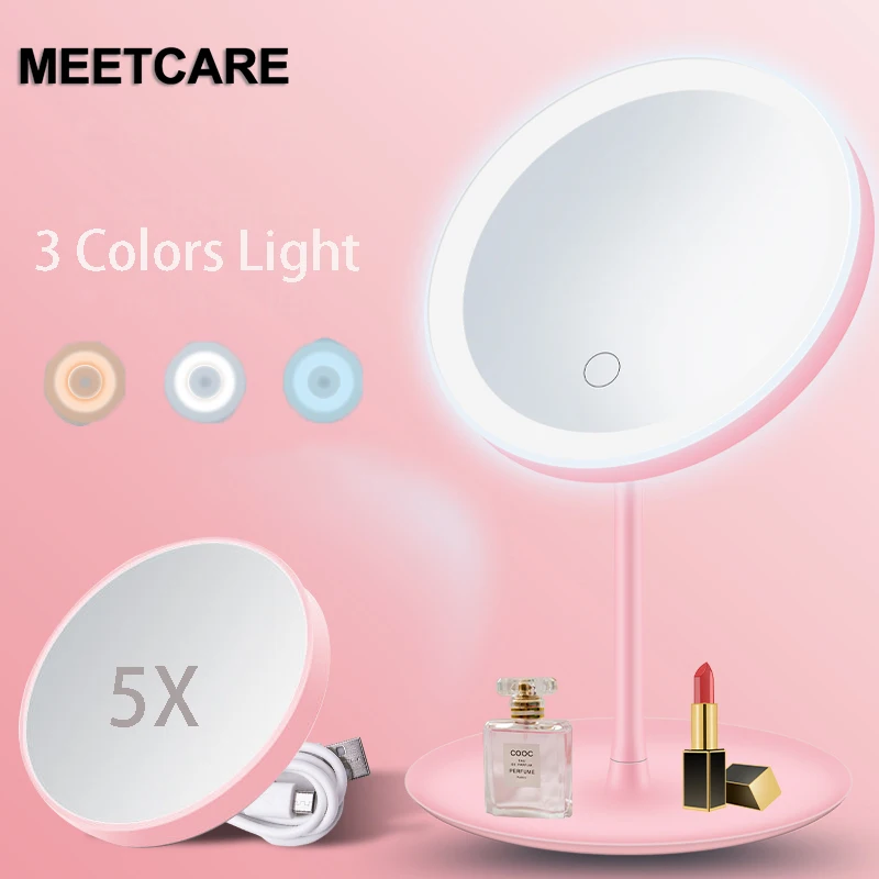 

Зеркало для макияжа с 3 режимами освещения, регулируемое, с 5-кратным увеличением, светодиодное, USB, с отсоединяемой подставкой и хранением, вращающееся, для рабочего стола, для красоты