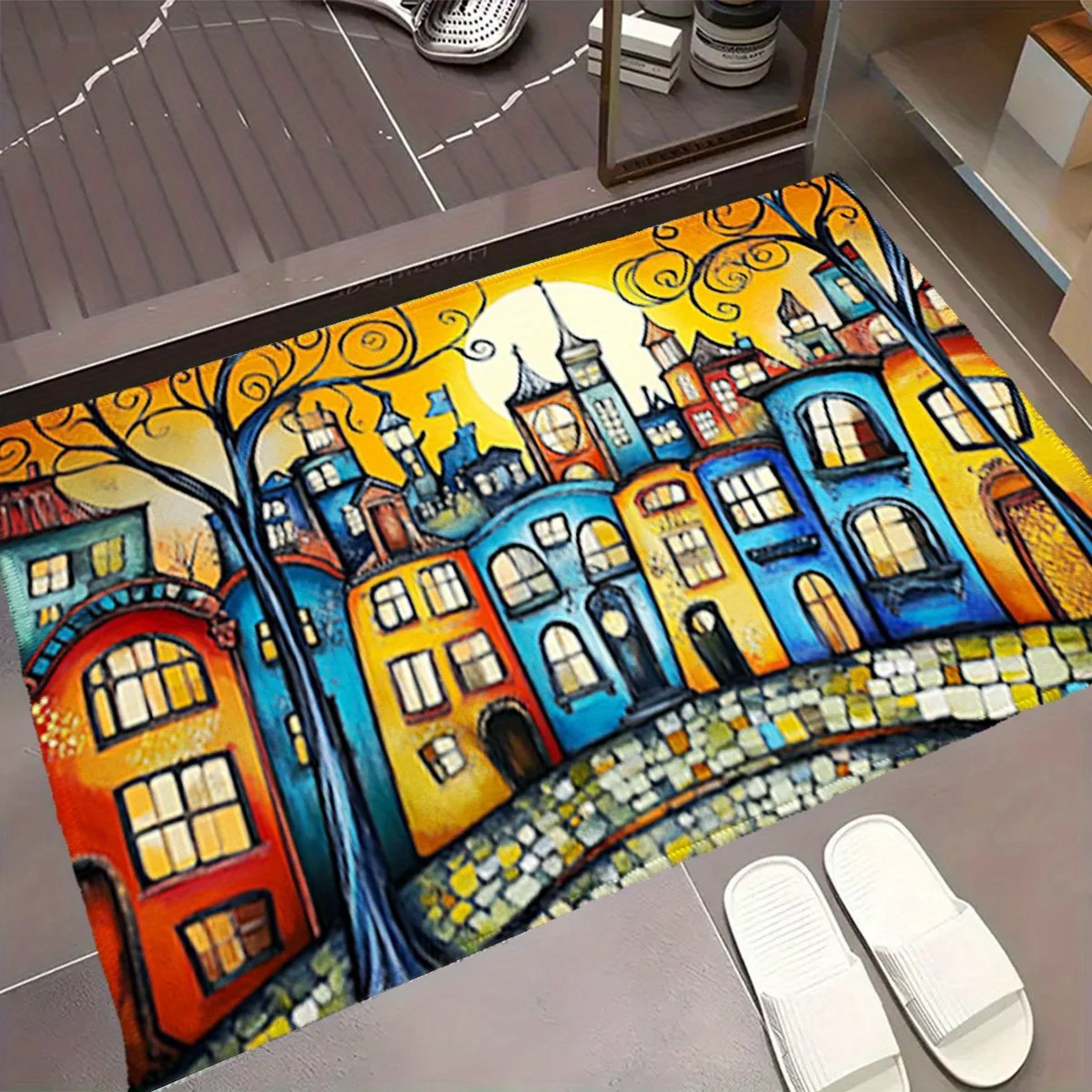 Vibrant Artistic Cityscape Town Scene Doormat Welcome Mat for Porch Entrance Rug Decoration Colorful Home Entry Way Mat