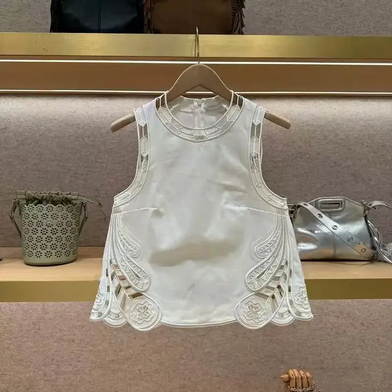 

Summer New Women Fashion Hollow Lace Splicing Round Neck Sleeveless Top + Wide Leg Pants