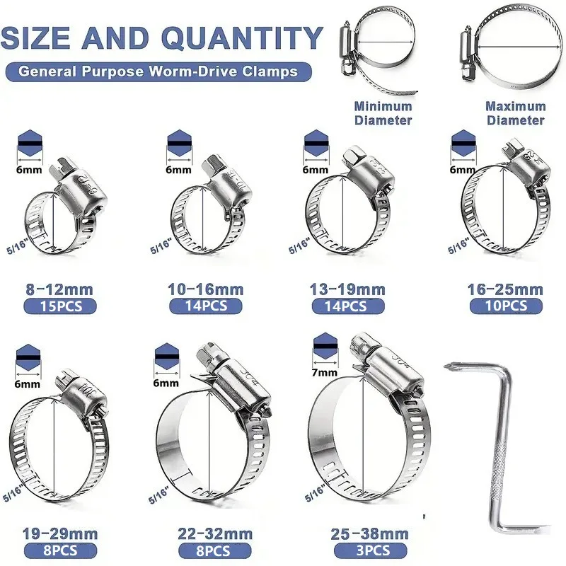 72PCS Stainless Steel Hose Clamps Adjustable 8 38mm
