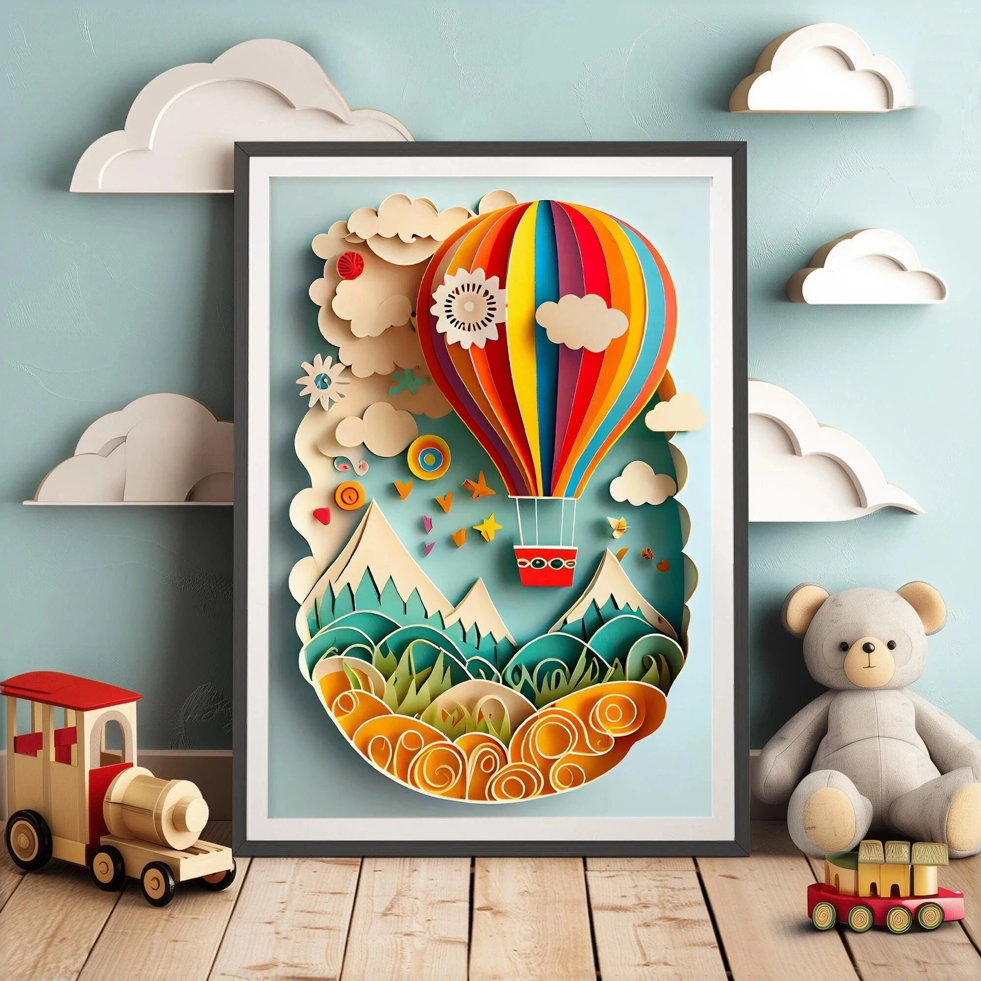 

Hot Air Balloon Kids Room Decor Paper Cut Art Kids Prints Modern Kids Room Decor Baby Room Canvas Poster Cute Wall Art Prints