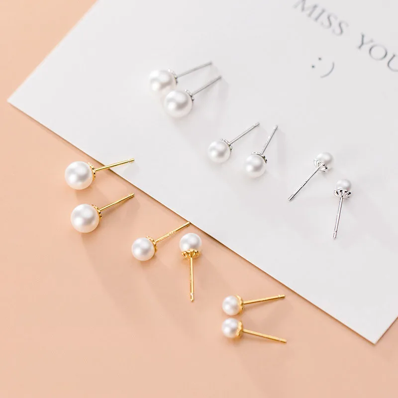 1 Pair Fashion 4MM/5MM/6MM 925 Sterling Silver Synthetic Pearl Stud Earrings Jewelry Students Gift