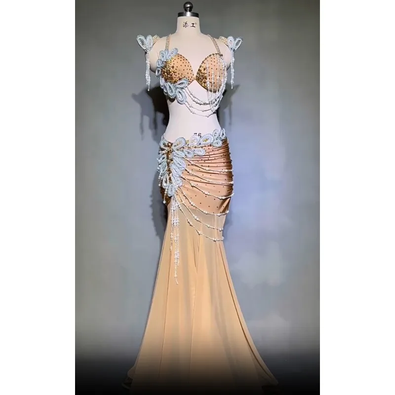 Customized Women Belly Dance Performance Costume High Waist Sexy Hollow Out Big Skirt Team Competition Uniform Belly Dancing Bra