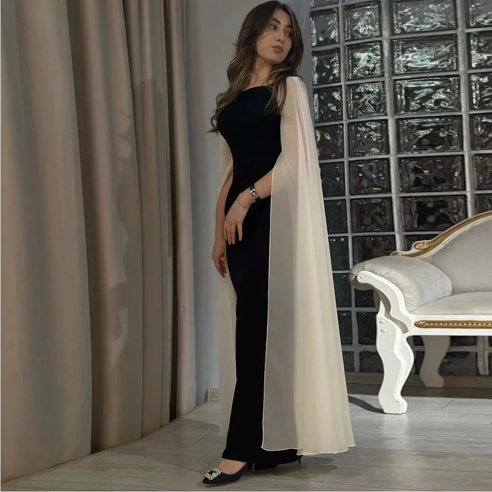 

ROSELLA Black Square Collar Women Evening Dresses Straight Ankle Length Prom Gown Ivory Cape Sleeves New 2023 فساتين الحفلات