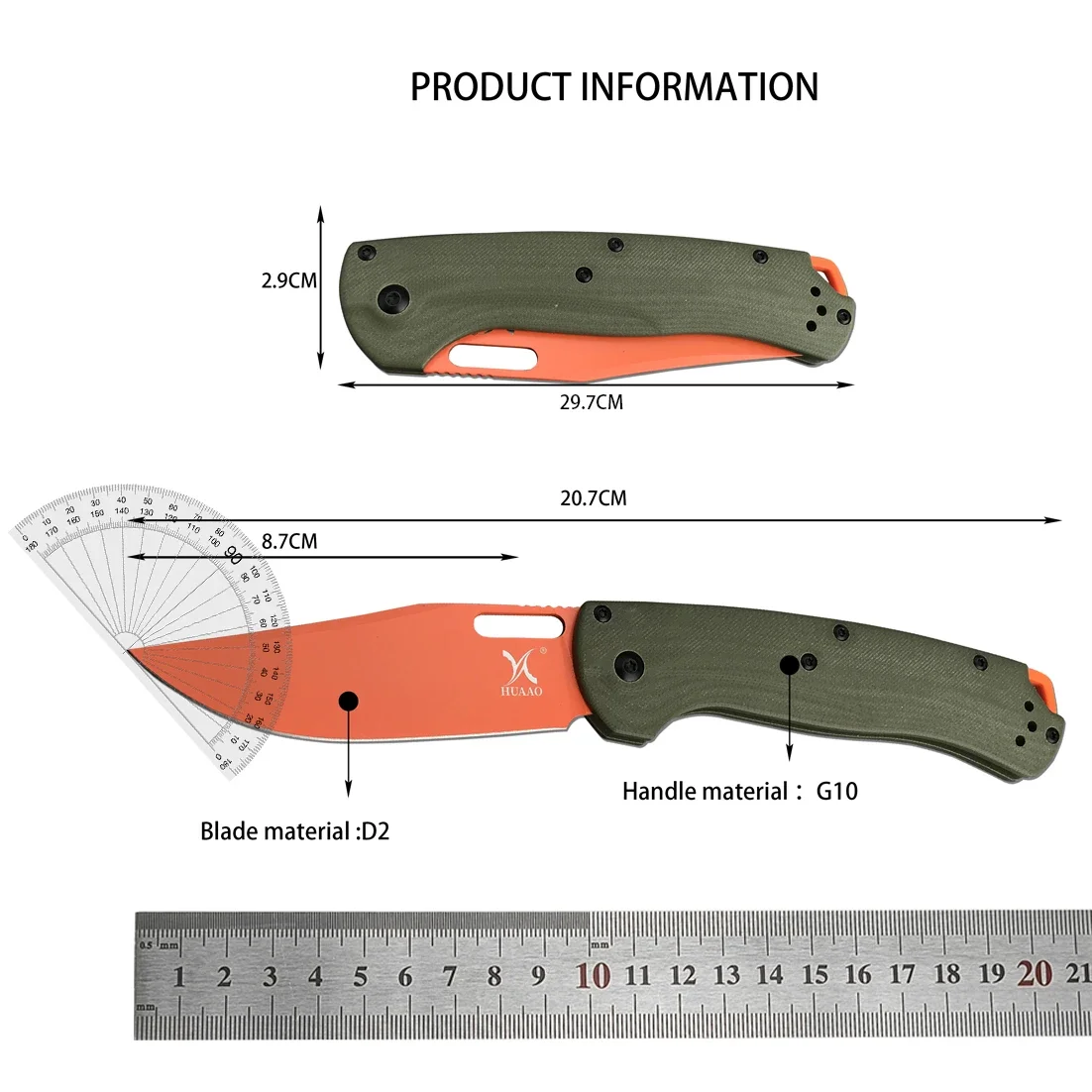 Huaao Taggedout Pocket Folding Knife D2 Clip-point Satin Blade G10 Handle EDC Outdoor Tactical Self Defense Hunting Hand Tools