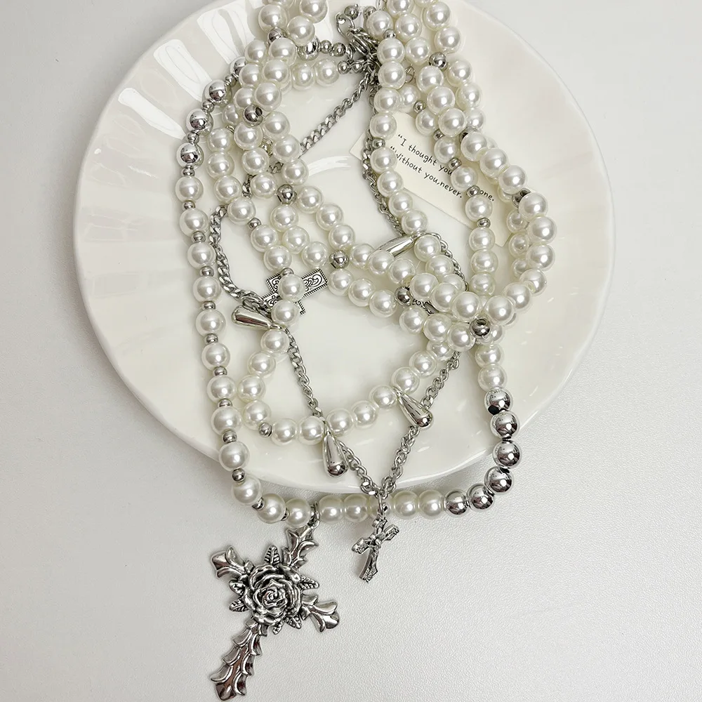 French Vintage Design Floral Cross Faux Pearl Stacking Necklace for Women Y2k Niche Holiday Party Punk Style Jewelry Accessories