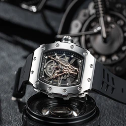 OBLVLO Finger Stainless Steel Tonneau Automatic Men Watch Fashion Wine Barrel Skeleton Mechanical Waterproof Sport Wristwatch