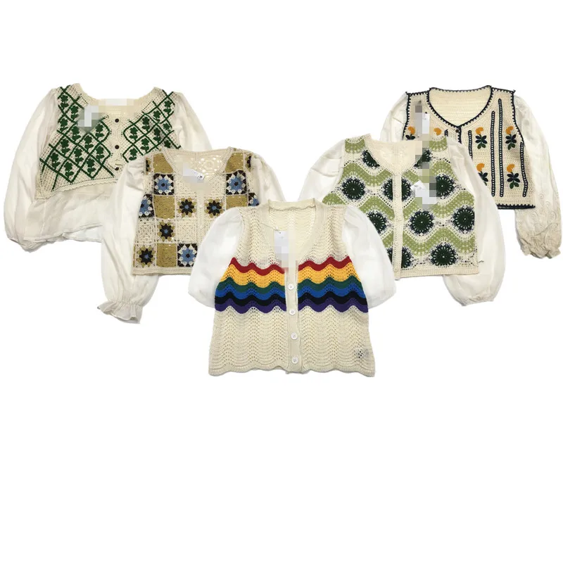 

Винтажный вязаный двухслойный цветной роскошный свитер ручной работы из смешанного волокна для женщин, лето 2024, другой материал