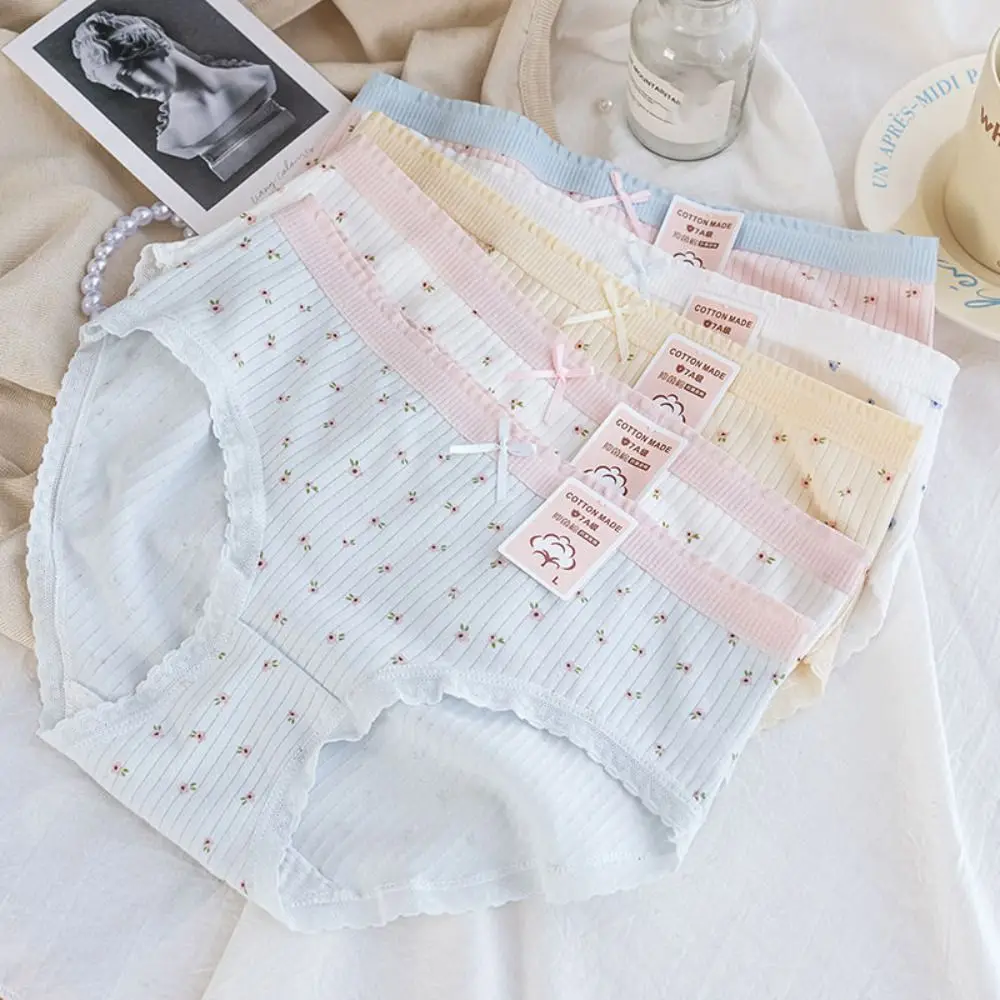 

5 шт., простые кружевные трусики с бантом и цветком, хлопковые трусы со средней талией, милые трусы с цветочным принтом, нижнее белье для женщин и леди