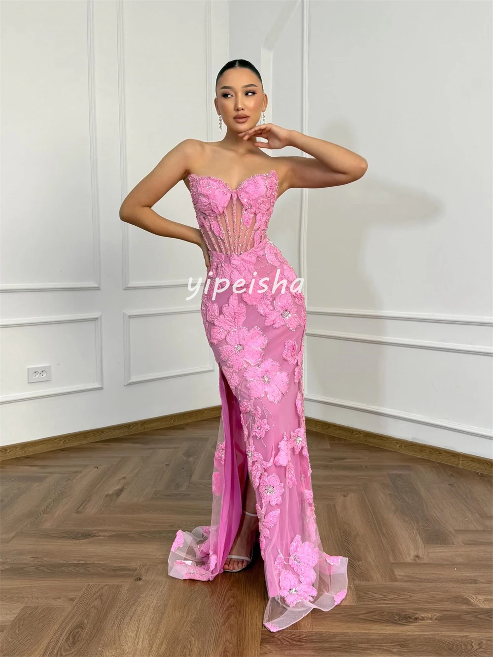 Customized Fashion Women Handmade Flower Sequined Sheath Evening Dresses Formal Sweetheart Sleeveless Floor Lenght Prom Dresses image 4