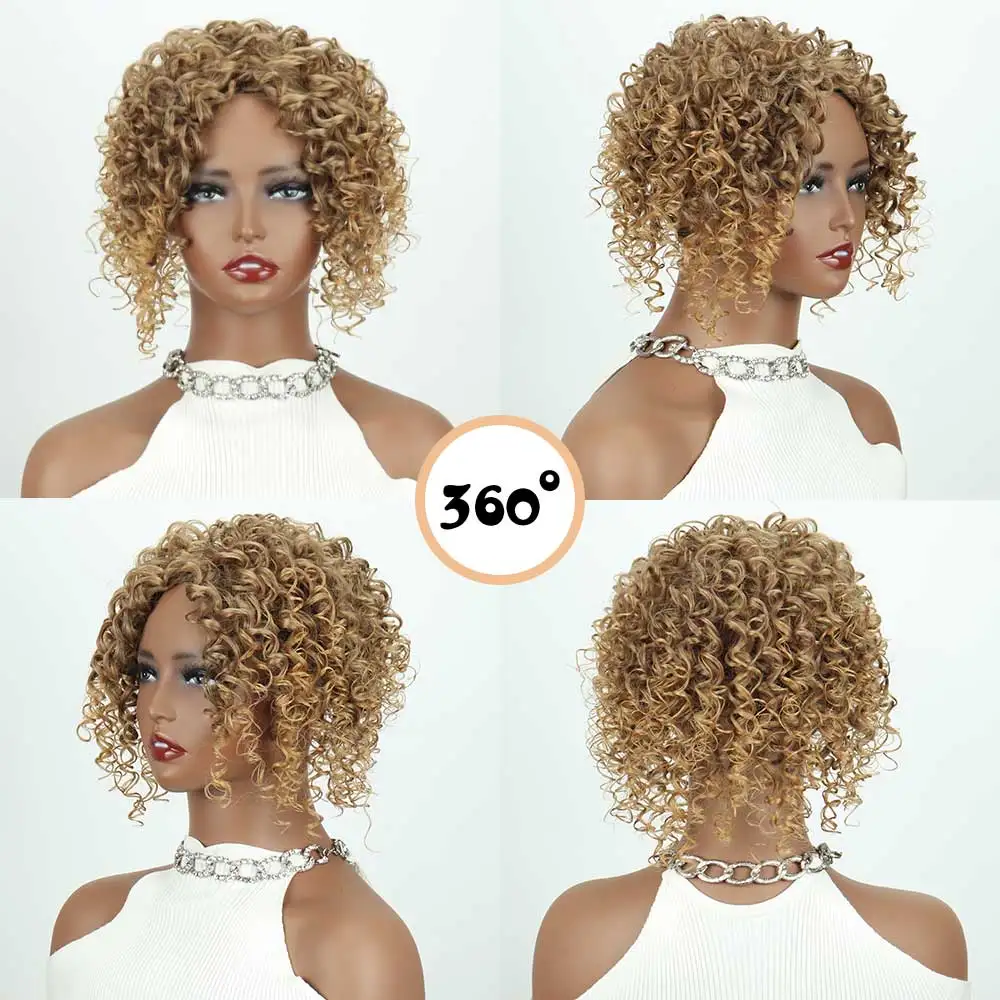 Curly Lace Wigs hair toppers for Black Women 7Inch Soft  Black Kinky Curly Afro Wig Middle Part Wig  Full and Soft Synthetic Wig