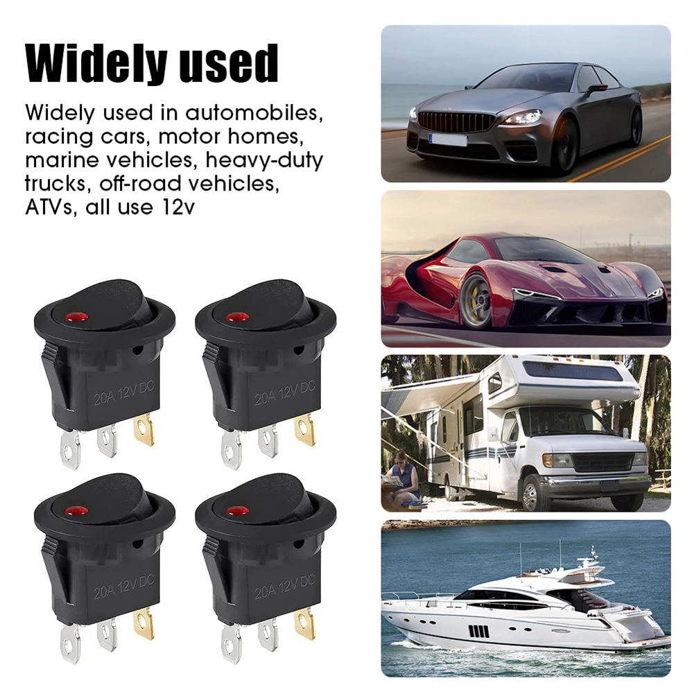 4Pcs Lighted Rocker Switch Waterproof DC 12V 20A Round Rocker Toggle Switch 3 Pins Toggle Buttons for Car Automotive Boat Truck