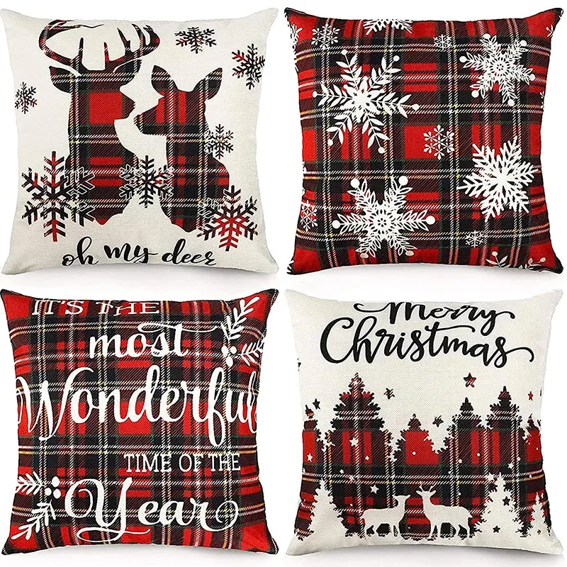 Merry Christmas Decor Cushion Cover 45x45 cm Pillow CaseCartoon Reindeer Santa Claus Printed Throw Pillowcase Linen Pillow Cover