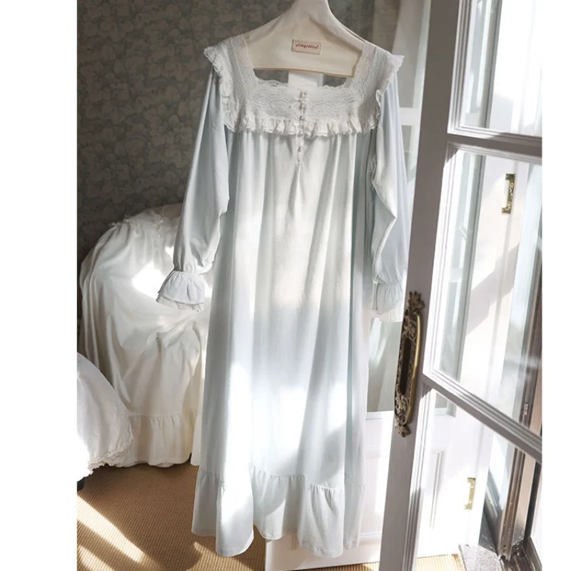 Women Vintage Cotton Nightgown Princess Nightwear Fairy Lace Sweet Long Sleeve Sleepwear Loose Peignoir Robe Night Dress Gown