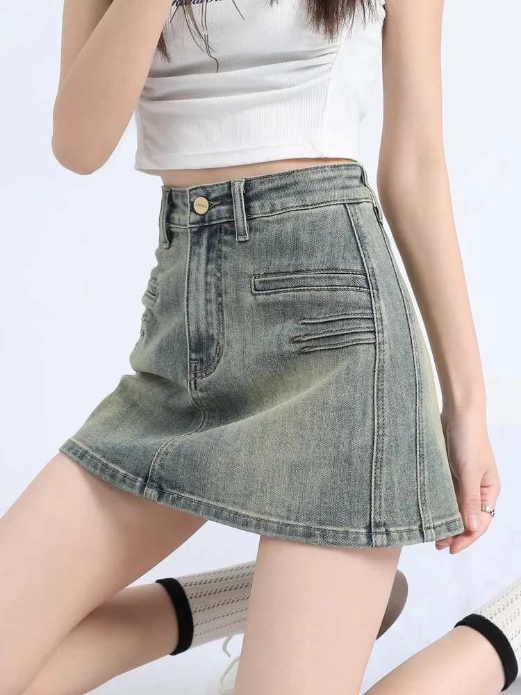 

Джинсовая юбка с высокой талией женская летняя, не просвечивающая, А-силуэт, в ретро-американском стиле, средней длины, модная, в корейском стиле