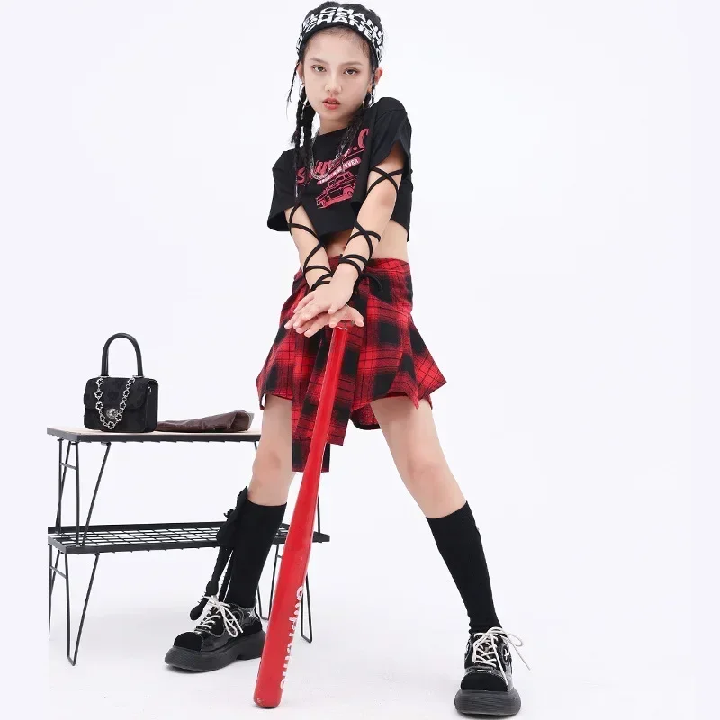 

Детская модная модная одежда для джазовых танцев для девочек, одежда для выступлений, клетчатая юбка, комплект в стиле хип-хоп, сценическая одежда для черлидинга