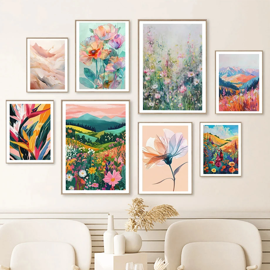 Chroma Abstract Art Illustration Art Distant Mountains Beautiful Flowers Fashion Wall Art Canvas Painting Nordic Poster Decor