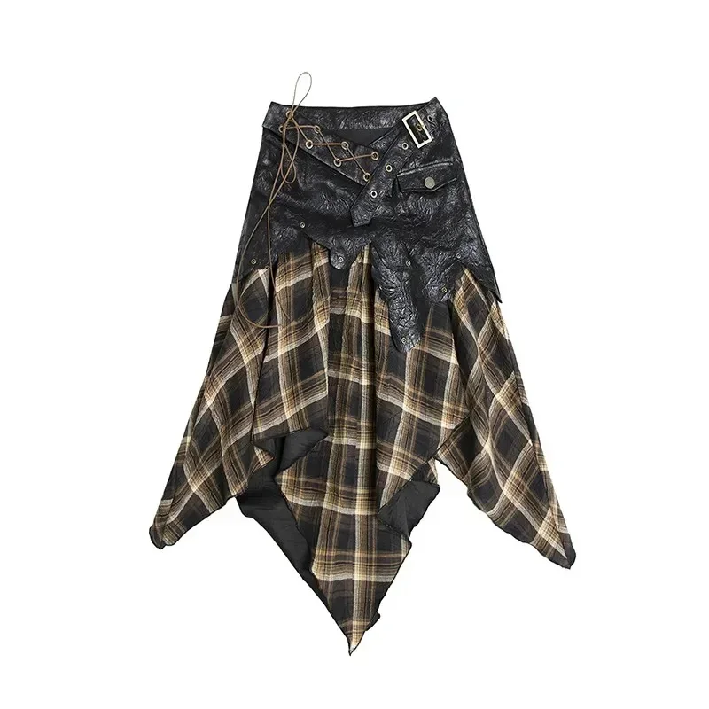 Irregular Patchwork Grunge Y2k Skirts High Waist Vintage Plaid Skirts Belt Decor Punk Midi Skirts Gothic A-line Skirt For Women