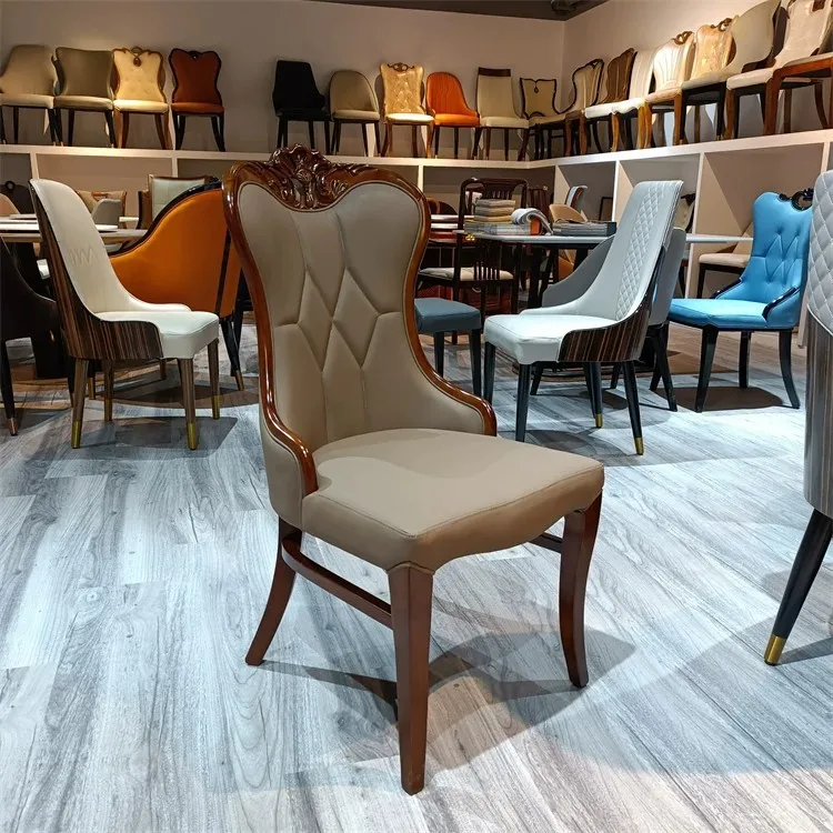 DSA Household Carved Solid Wood Dining Chair Western Restaurant Grey Leather Backrest Leisure Chair Hotel Box Private Room Chair