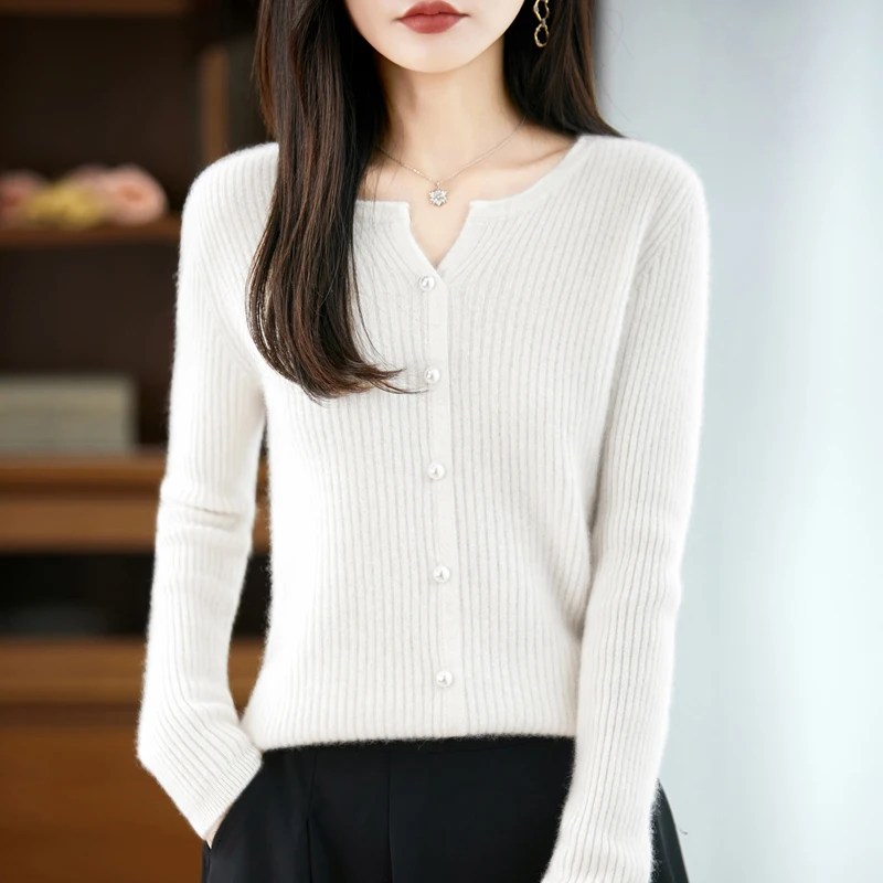 Women's Wool Sweater Spring Autumn Soft Warm Long Sleeve Cardigan Shirt High Quality 100% Merino Wool Knitwear Cashmere Tops