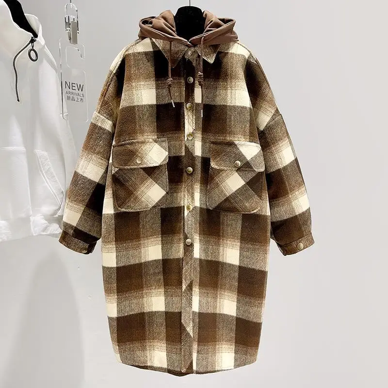 

Women's 2025 Hooded Wool Blend Coat Mid-Length Plaid Toggle Button Jacket Winter Warm Loose Fit Trench Coat