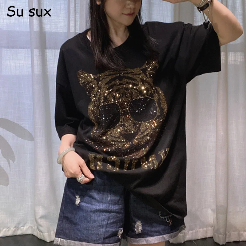 Sequins Tiger Head Short Sleeve T Shirt Woman 2026 Cotton Casual O Neck Oversized Tees Vestidos Y2k Clothes Streetwear
