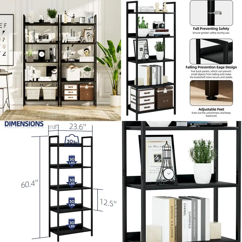 

5-Tier Black Bookshelf for Home Office, Bedroom, and Living Room Storage and Organization