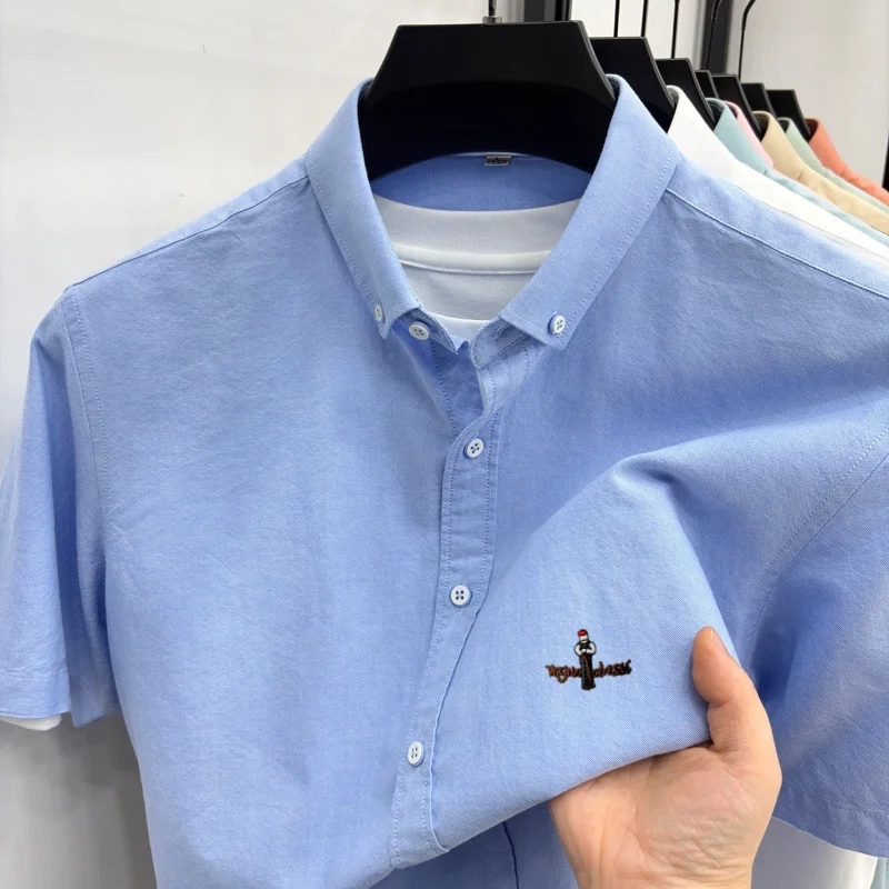 100% pure cotton luxury brand short sleeve shirt new fashion embroidery comfort breathable summer top business casual men's wear