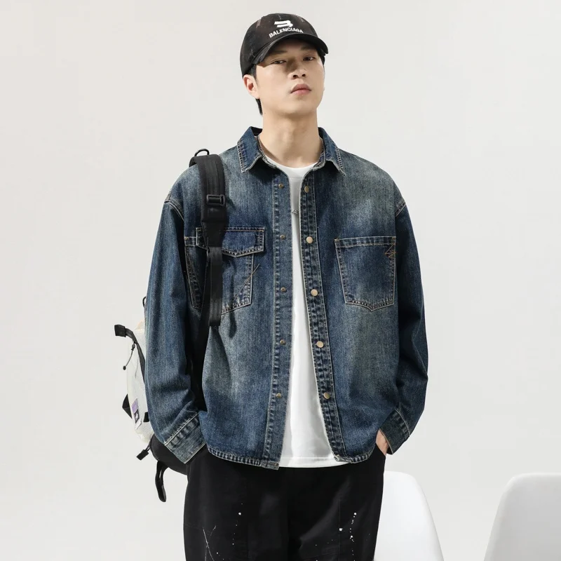 

American Retro Workwear Denim Shirt Men's Long Sleeve Loose Casual Jacket Trendy Autumn Spring Cotton Youth Fashion