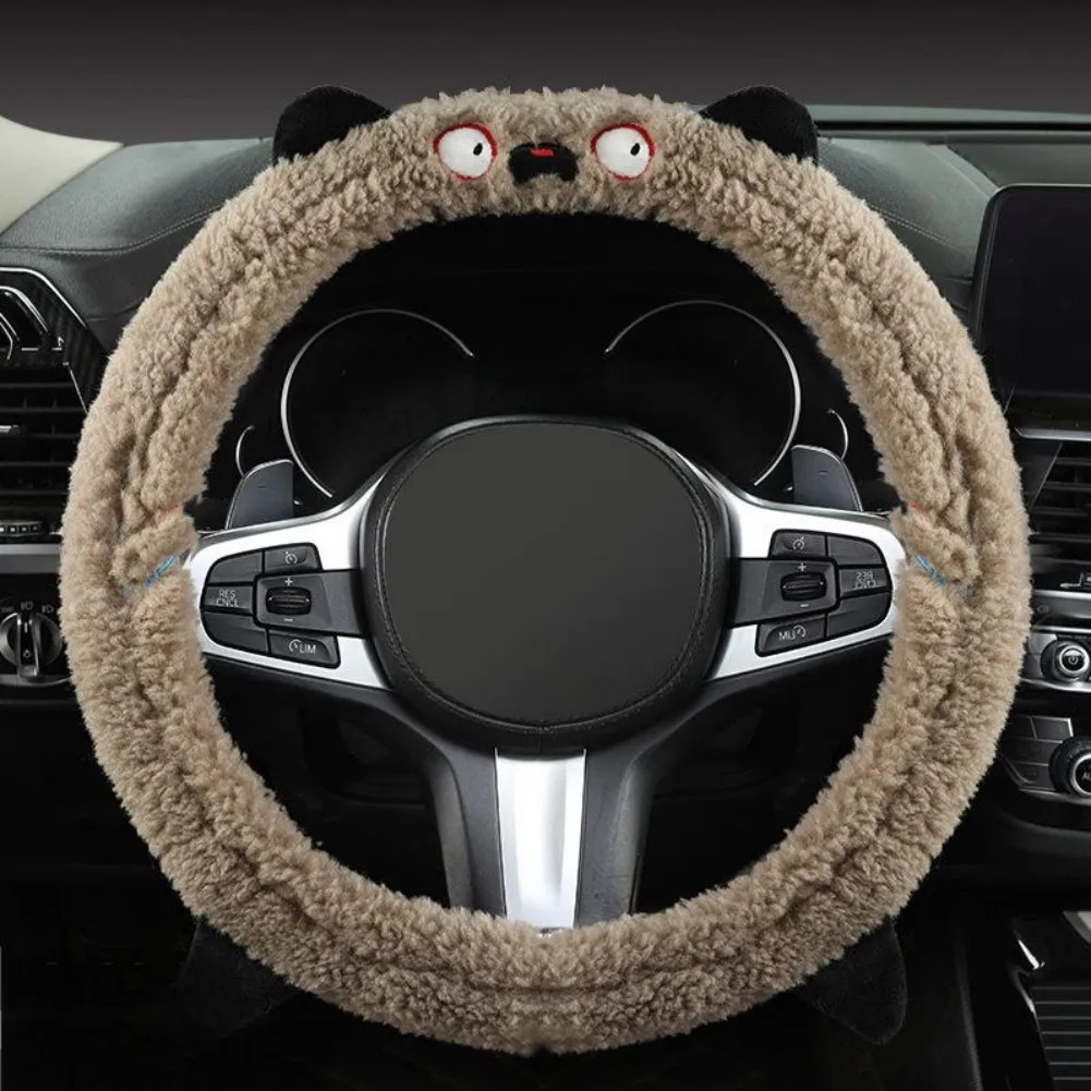 

38cm Steering Wheel Cover Featuring Soft Plush Fiber Anti Slip Inner Particles Elastic Band Attachment and Cute Bear Design