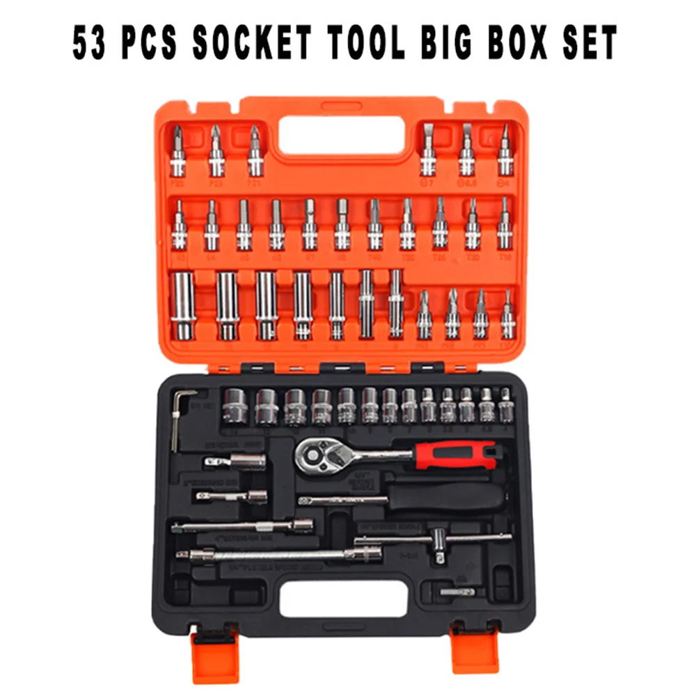 

53pcs/Set Manual Tool Kit For Car Maintenance Ratchet Blasting Sleeve Cover Professional Bicycle Tire Repair Mechanical Tool Kit