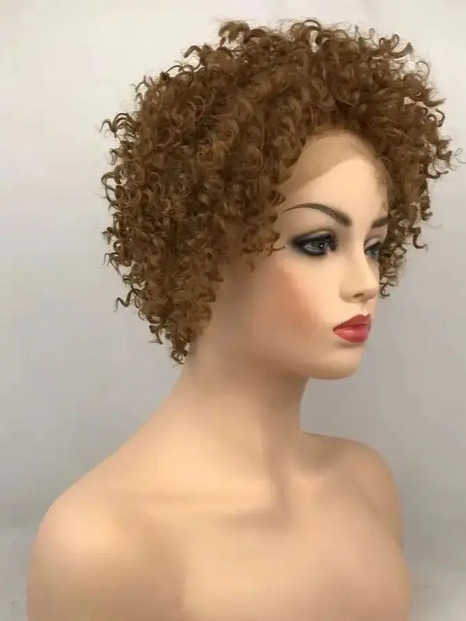 Peruca encaracolada marrom claro curto com laço transparente, cabelo humano natural, fibra sintética