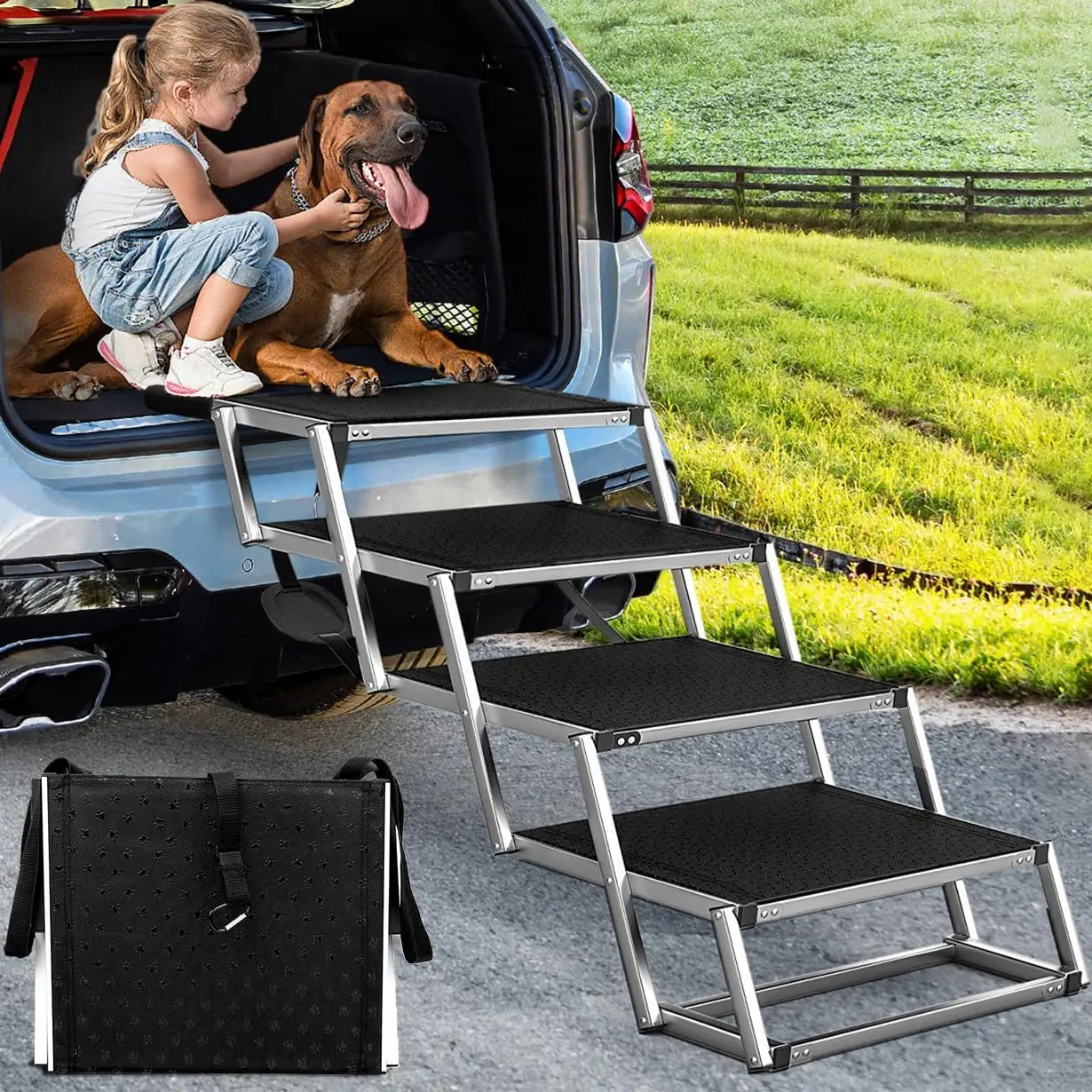 

Extra Wide Dog Stair for Large Dogs,Dog Stairs for Cars,Foldable Dog Ramp Pet Steps Light Weight Aluminum,High Beds, Trucks