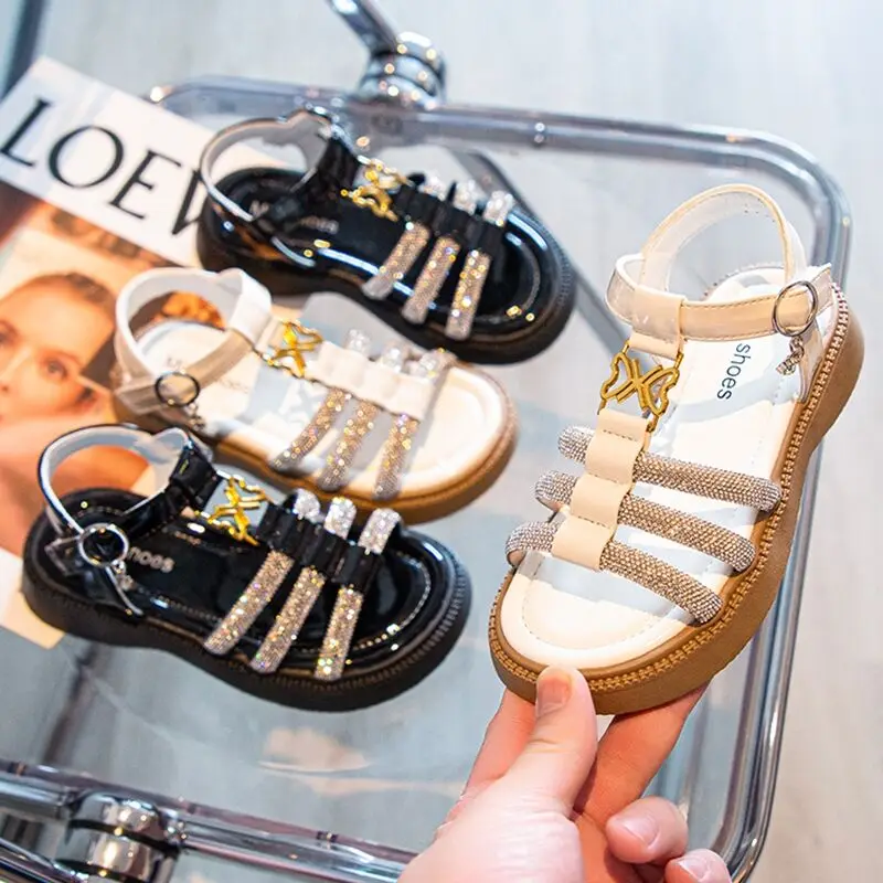 

Children's Sandals Summer Girls Roma Shoes Breathable Retro Beach Shoes Kids Princess Small Butterfly Rhinestones Sandals