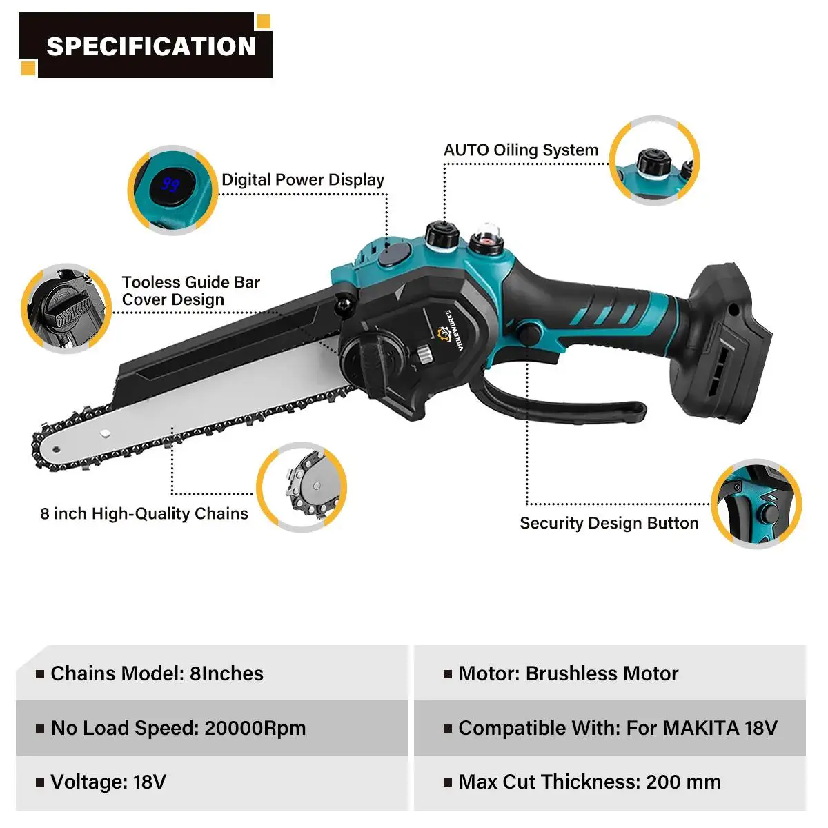 VIOLEWORKS 8 Inch Brushless Electric Chainsaw 20000Rpm  Automatic Oil Lubrication Handheld Cordless Saw for Makita 18V Battery