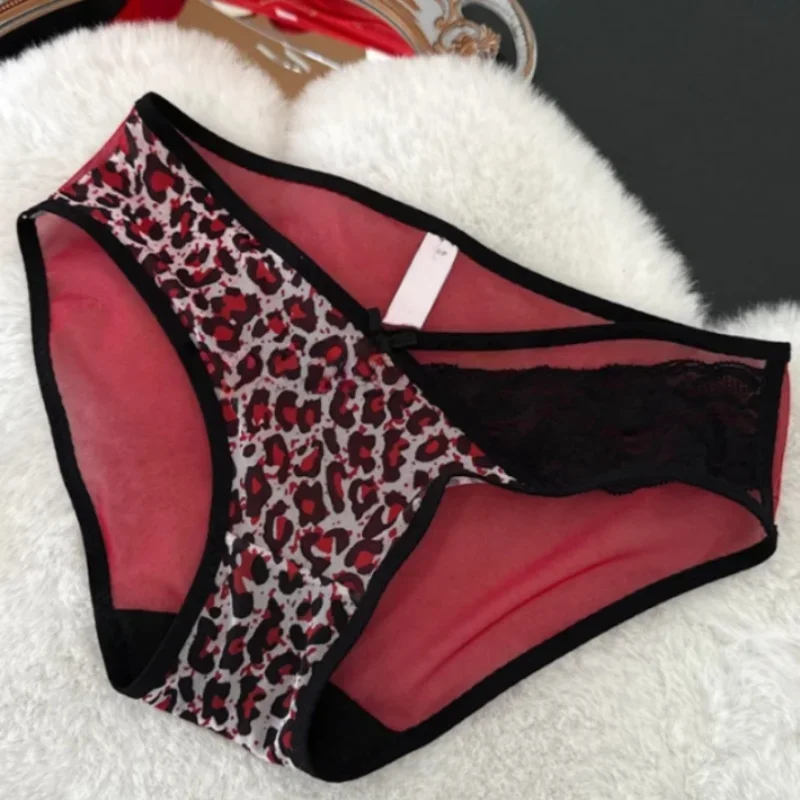 Sexy Leopard Print Hollow Out Underwear Women's Low Waist Lace Trim Butt Covering Panties Plus Size Hottie Briefs