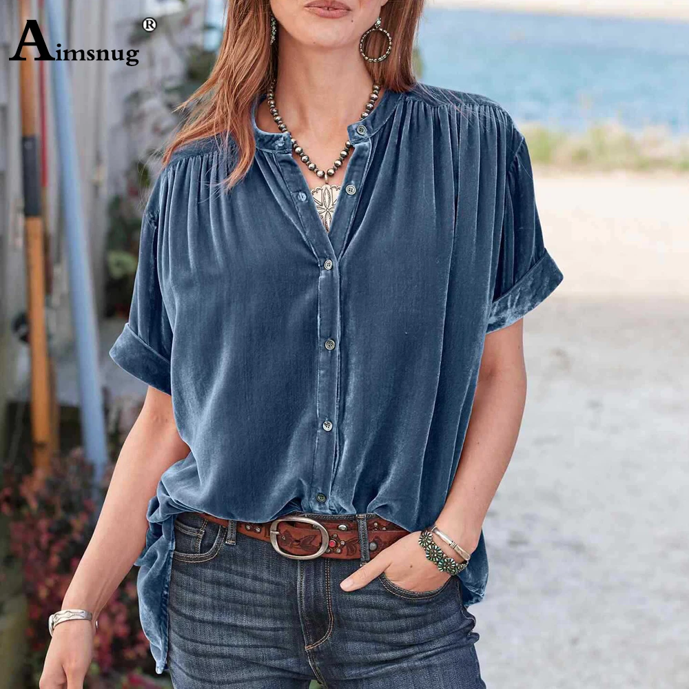 

2023 Women Latest Casual Retro Shirt Vintage Solid Blouse Short Sleeve Velvet Tops Womens Elegant Tunic blusas Femme Clothing