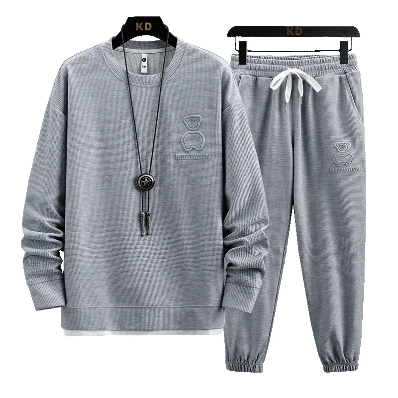 Autumn Men's Embroidery Sweatshirts Sets Waffle Hoodieless Round Neck+Sweatpants Sports Casual Suit Trendy Versatile Streetwear