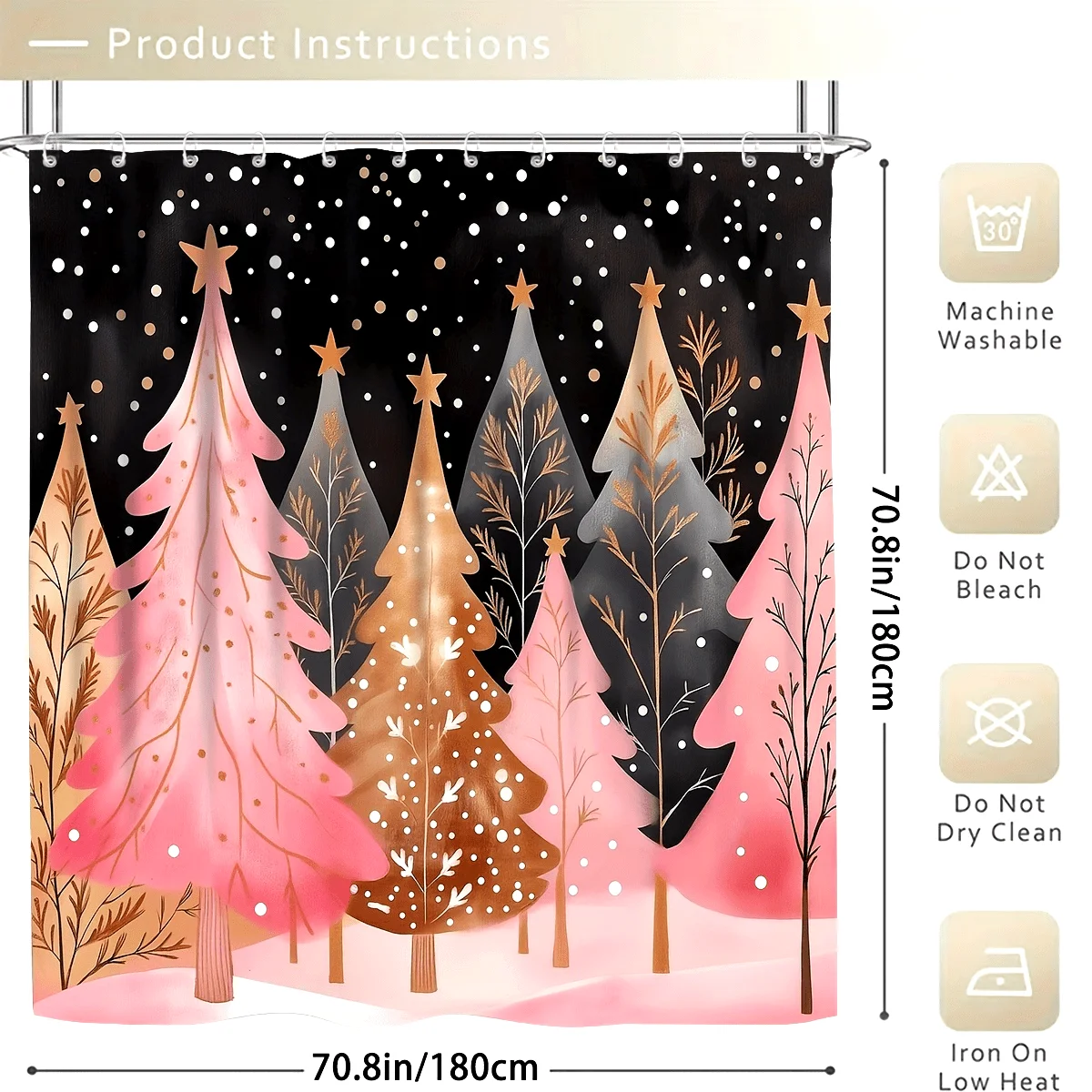 4Pcs Xmas Shower Set, Pink Christmas Tree Forest, Includes Curtain & Mat, 12 Hooks, Perfect for Festive Winter Bathroom Decor