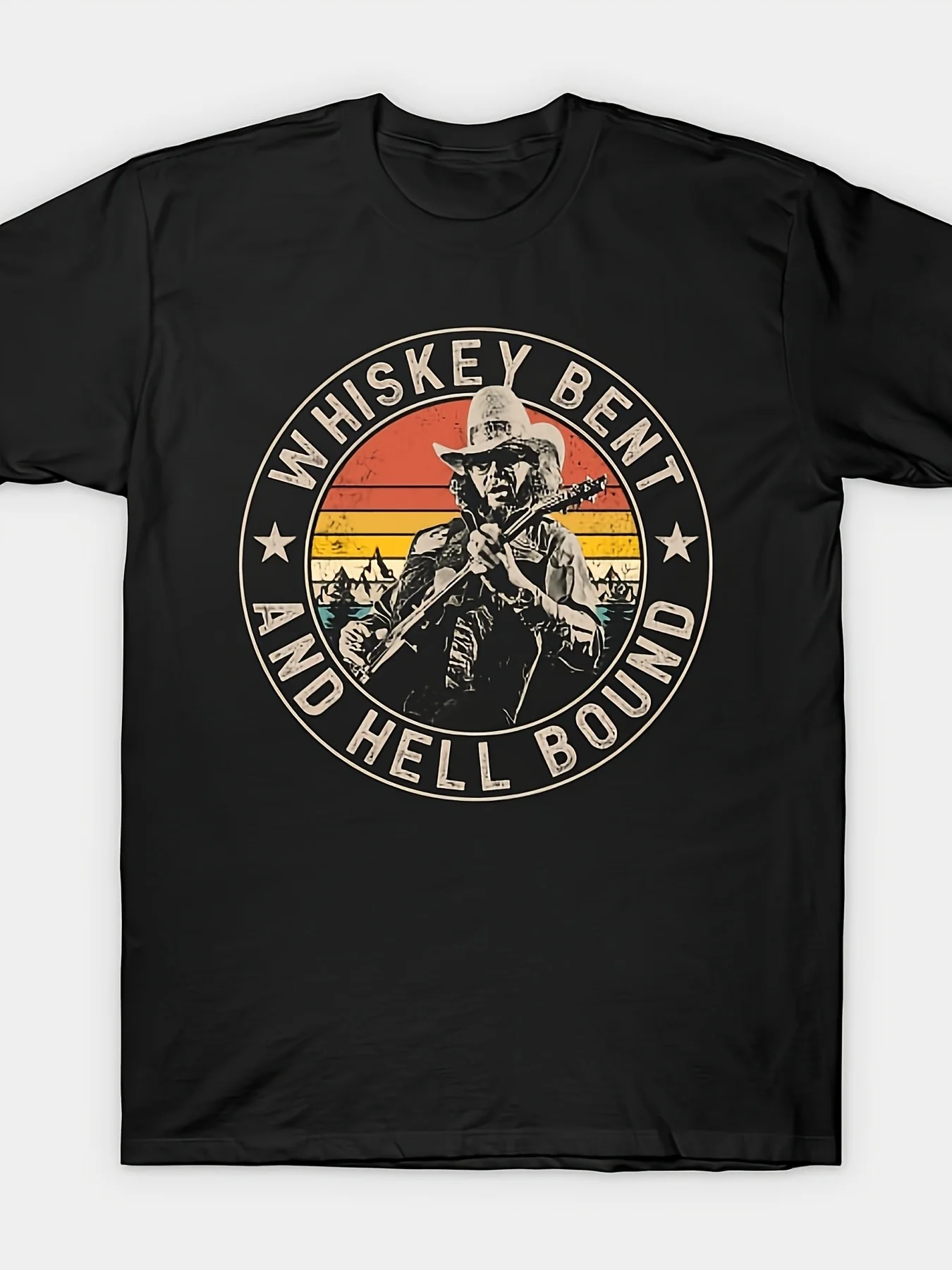 Men's Vintage Kid Privateers Graphic T-Shirt-% 180gsm Crew Neck Short Sleeve Shirt with Vintage Whiskey Bent& Hell Bound Print,