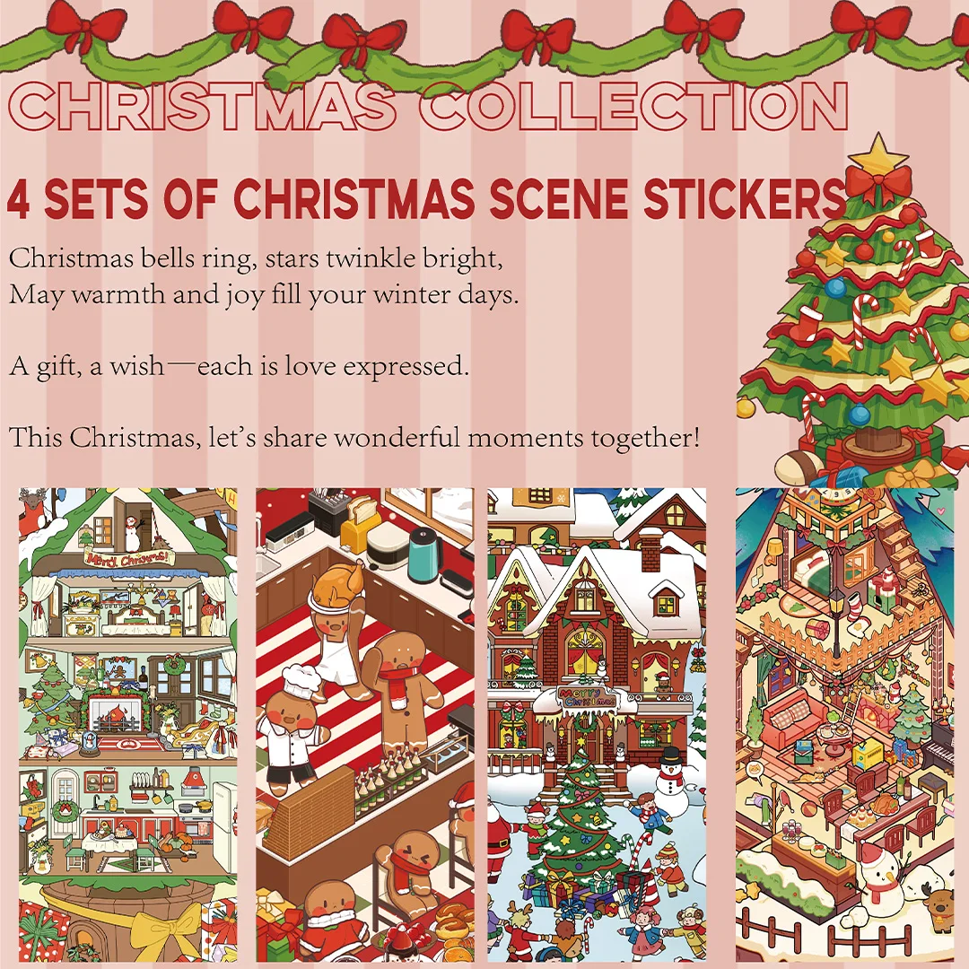 

4 комплекта наклеек с рождественскими сценами, 3D всплывающие миниатюрные наклейки с праздничной сцены, сделай сам, снимающие стресс, уличные наклейки для дома