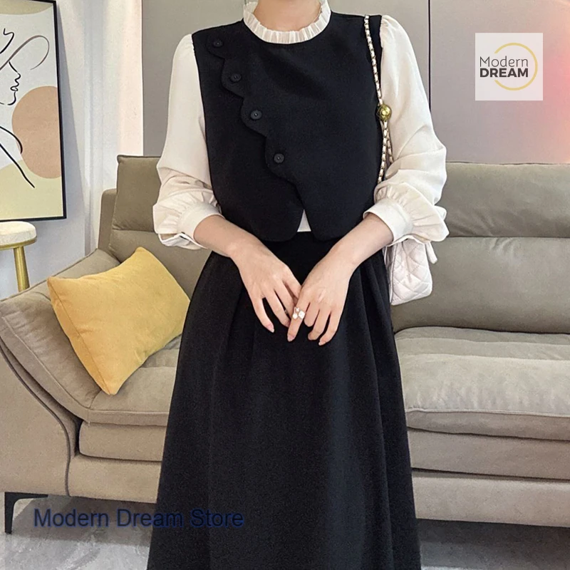 خياطة فرنسية قميص سترة وهمية قطعتين فستان المرأة الربيع والخريف حجم كبير جديد الخصر غطاء نحيف اللحوم تنورة طويلة