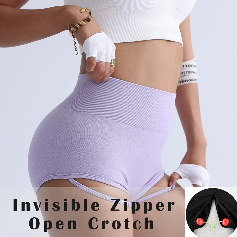 

Invisible Zipper Open Crotch Summer Sexy Shorts Women Fitness Voilet High Waist Bottoms