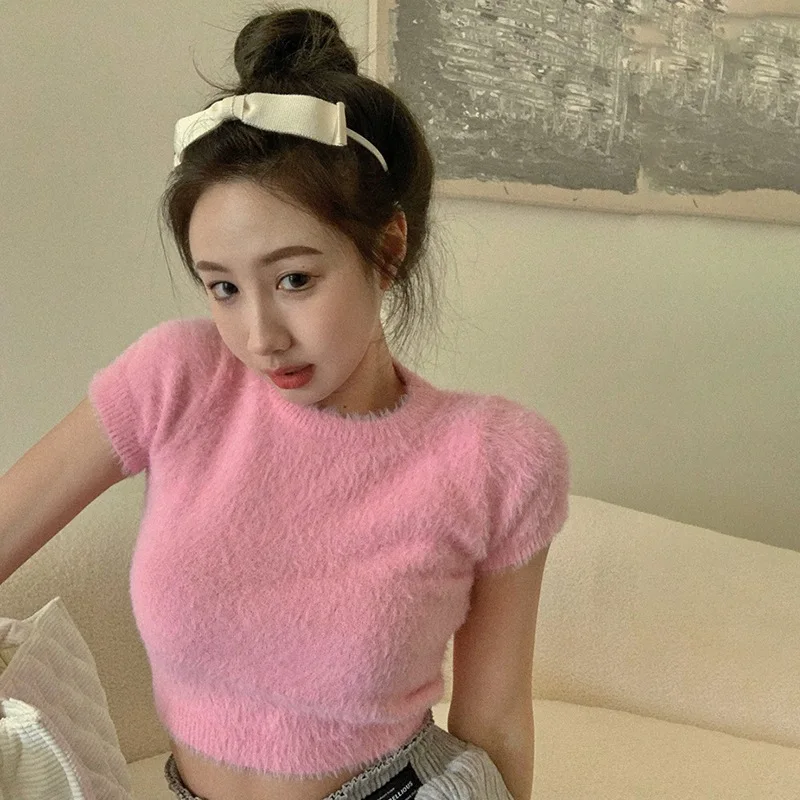 Women's Fashion Solid Color O Neck Slim Knitted T-Shirt Korean Style Short Sleeve Casual Versatile Velvet Cropped Tops