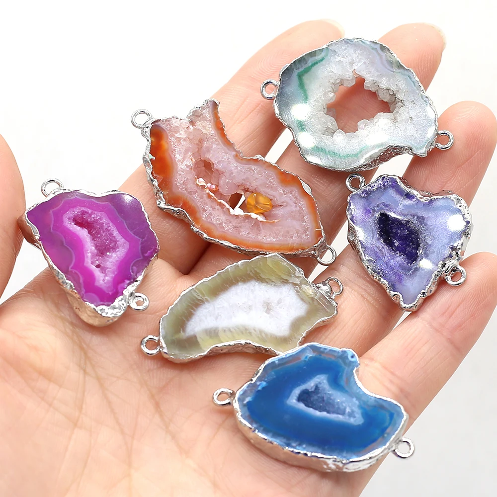 

1pc Natural Stone Irregular Shape Druzy Agate Silver Edge Pendant Connector for Making DIY Bracelet Accessories 20x30-25x35mm