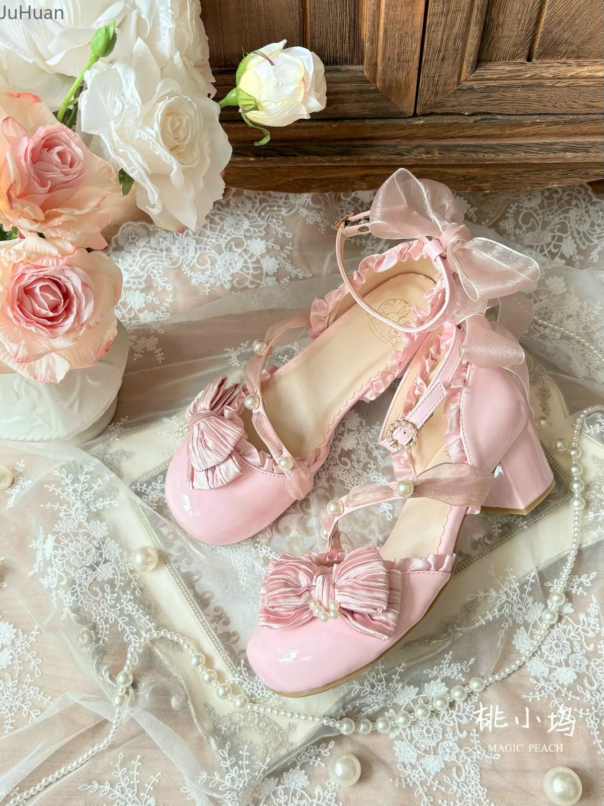 

Japanese Girl Wedding Sandals Lolita Kawaii Women's Bag Head Shoes Sweet Bow Ribbon Pearl Ruffle Comic Show High Heels Femininas