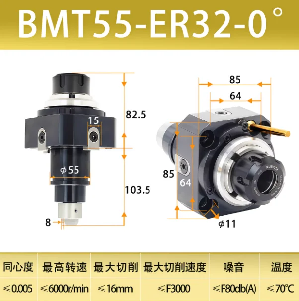3 Pieces BMT55 Live Axial Tool Holder ER32 Output 0° External Coolant CNC Turning Milling Composite Machine Parts
